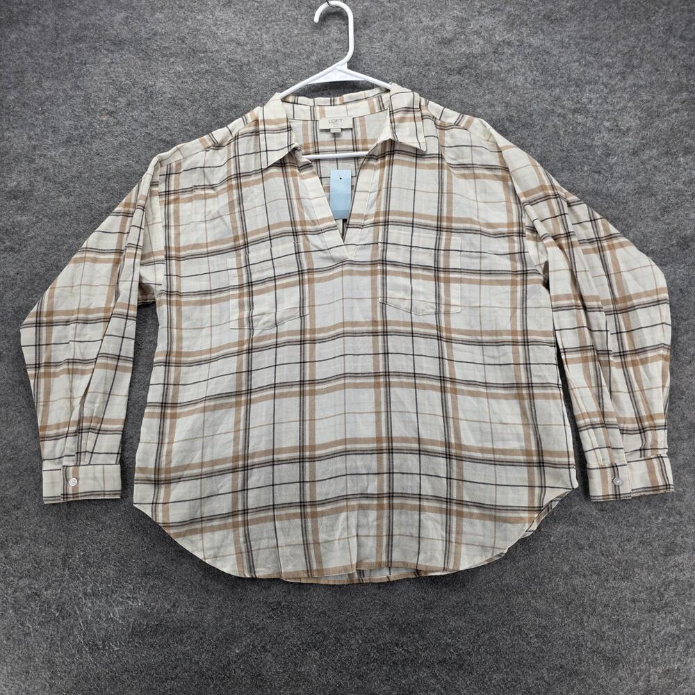 LOFT Outlet Shirt Womens Medium Petite Beige Plaid Split V Neck Long Sleeve